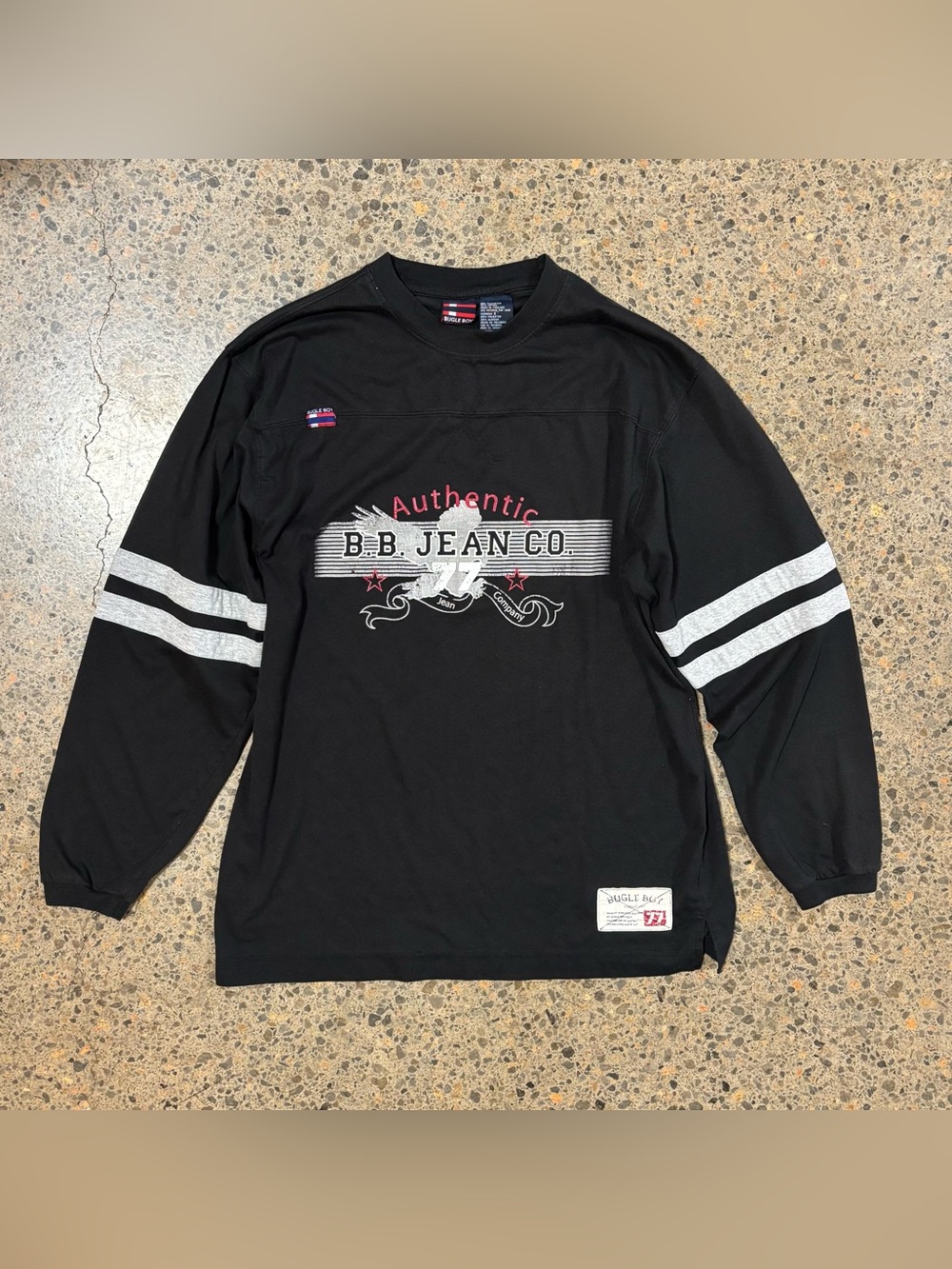 VTG Retro Bugle Boy Longsleeve T Shirt Tee (Large) Stripes, Black, Gray, Red